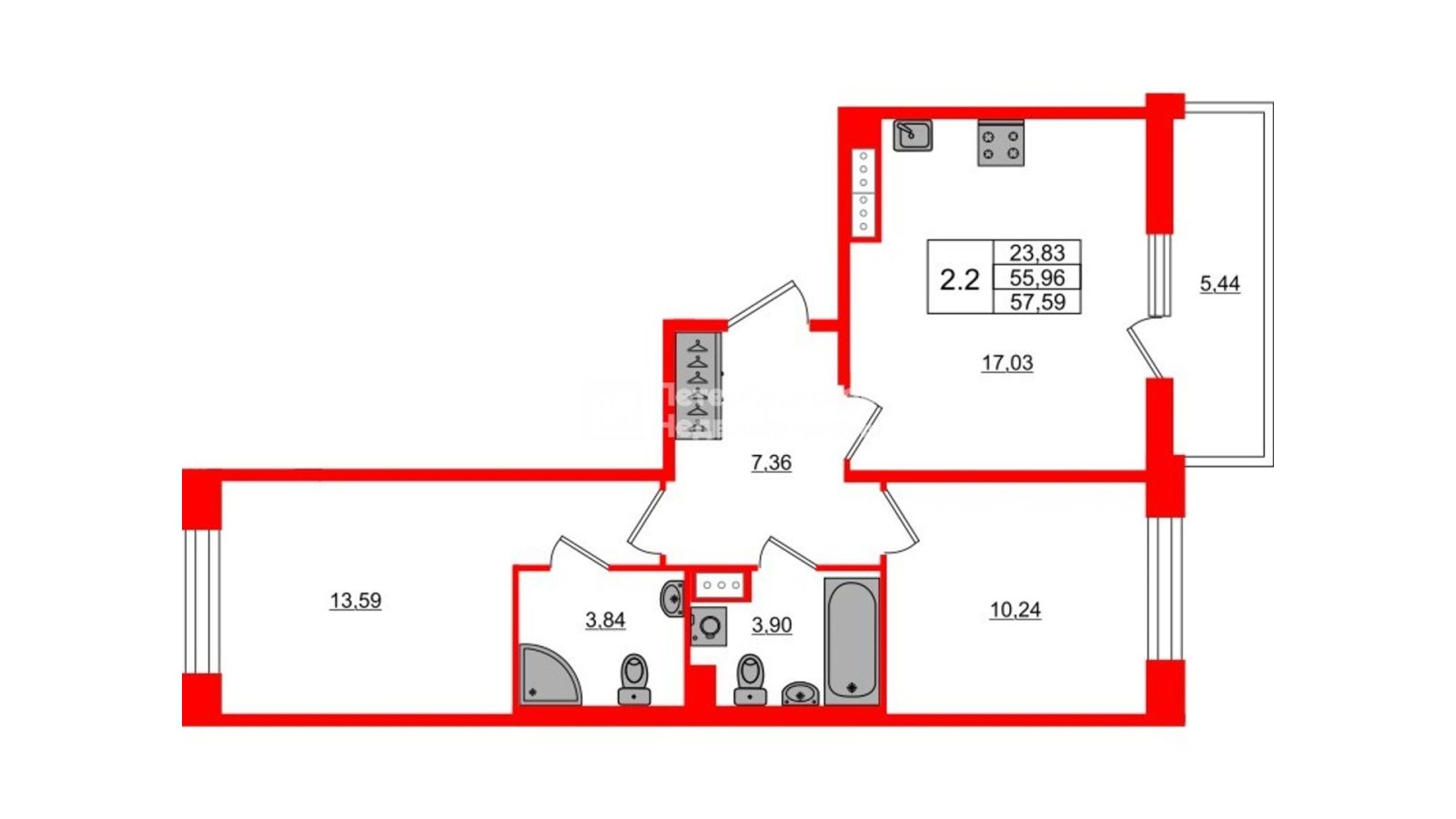 Планировка: 2-комнатная квартира, 56,0 м²