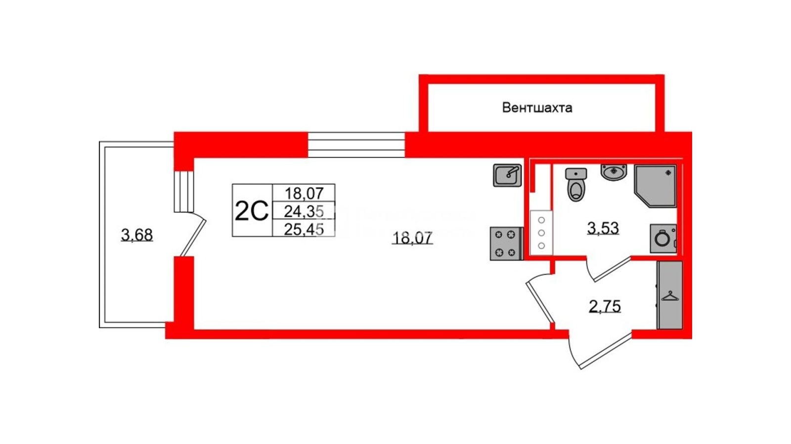Планировка: студия, 24,4 м²