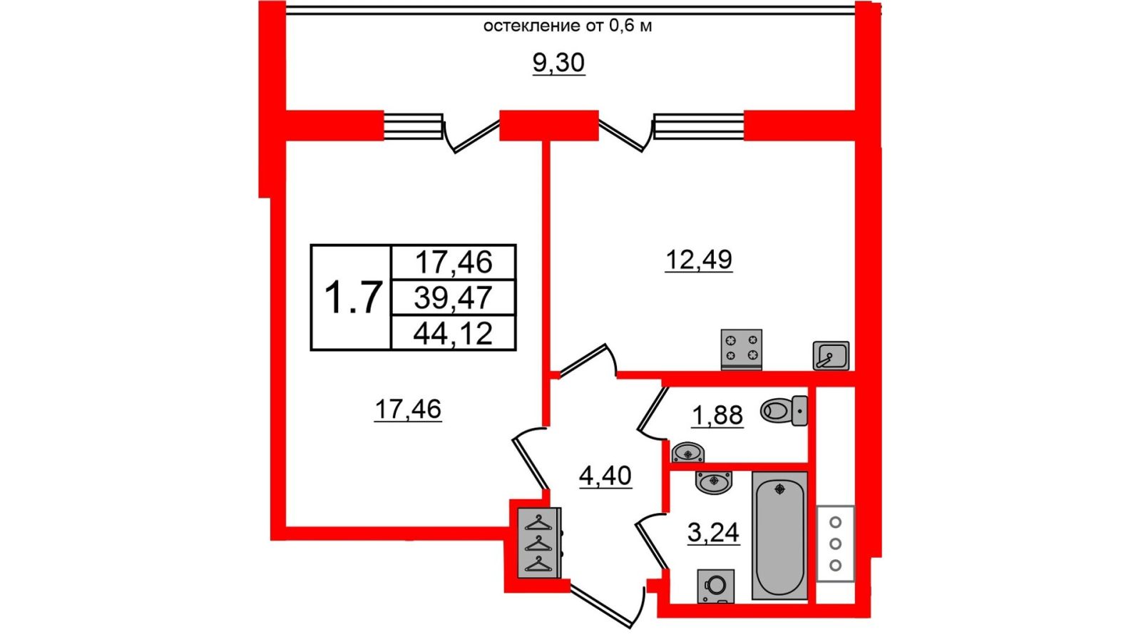 Планировка: 1-комнатная квартира, 39,5 м²