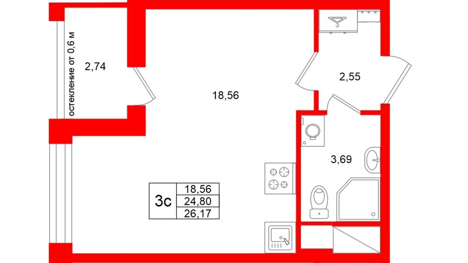 Планировка: студия, 24,8 м²