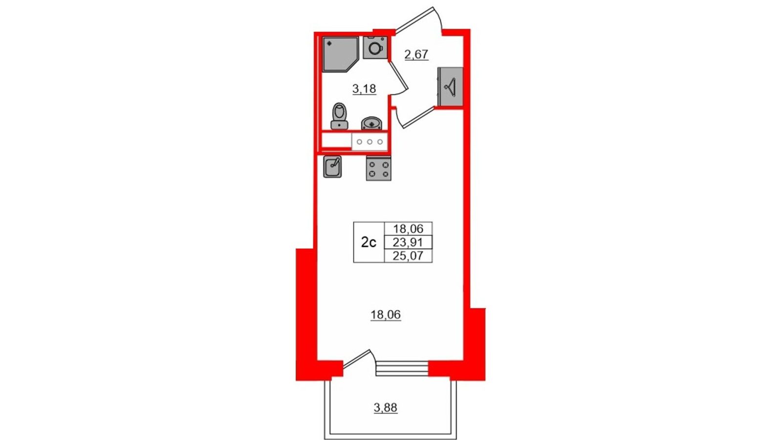 Планировка: студия, 23,9 м²