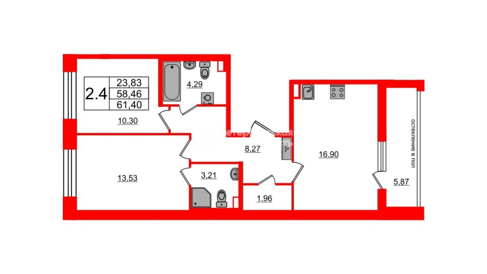 Планировка: 2-комнатная квартира, 58,5 м²
