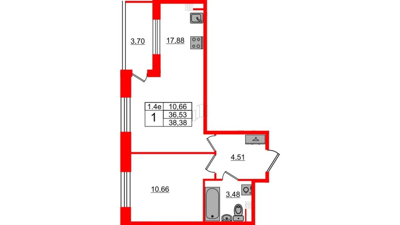 Планировка: 1-комнатная квартира, 35,7 м²