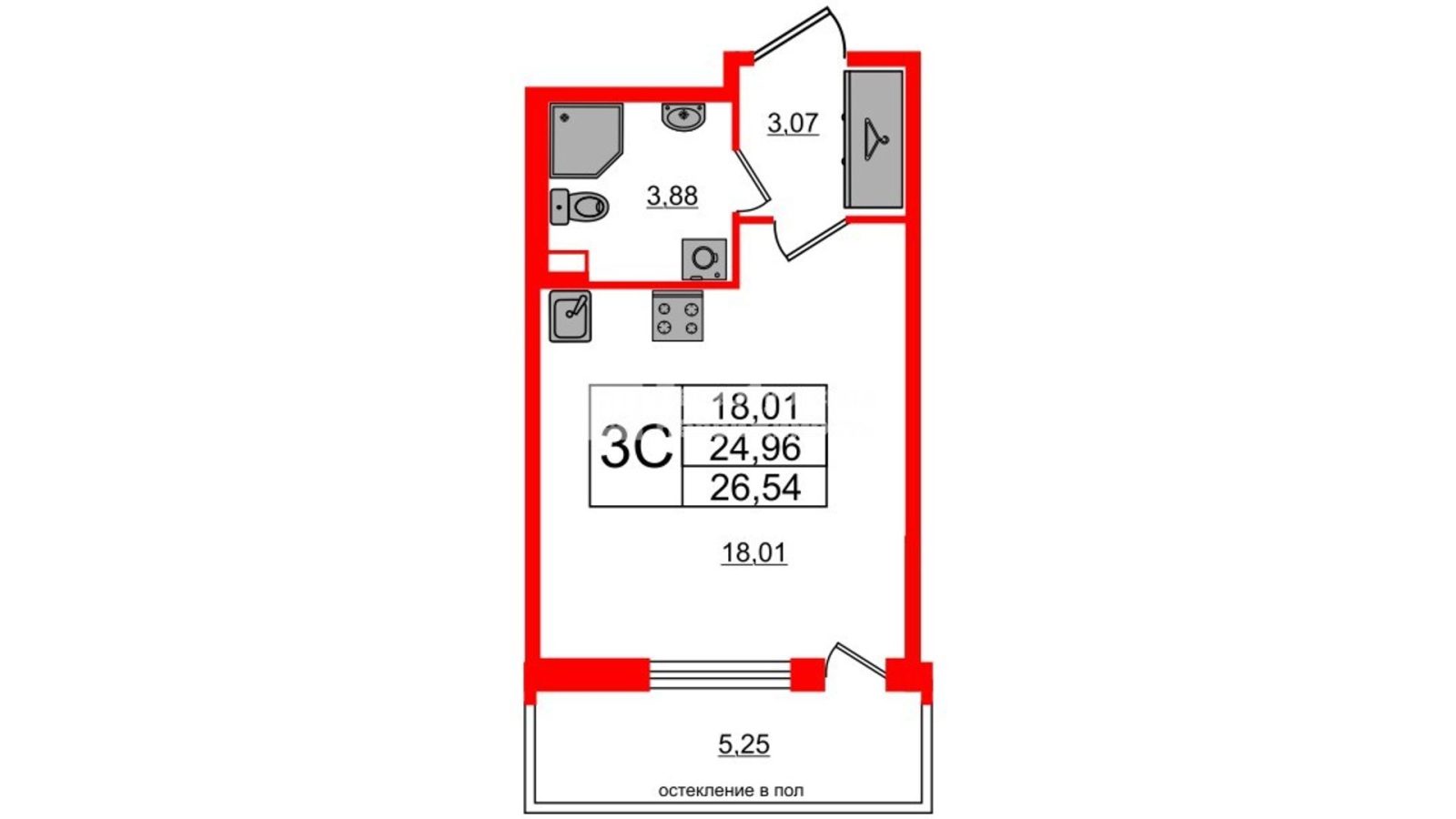 Планировка: студия, 25,0 м²