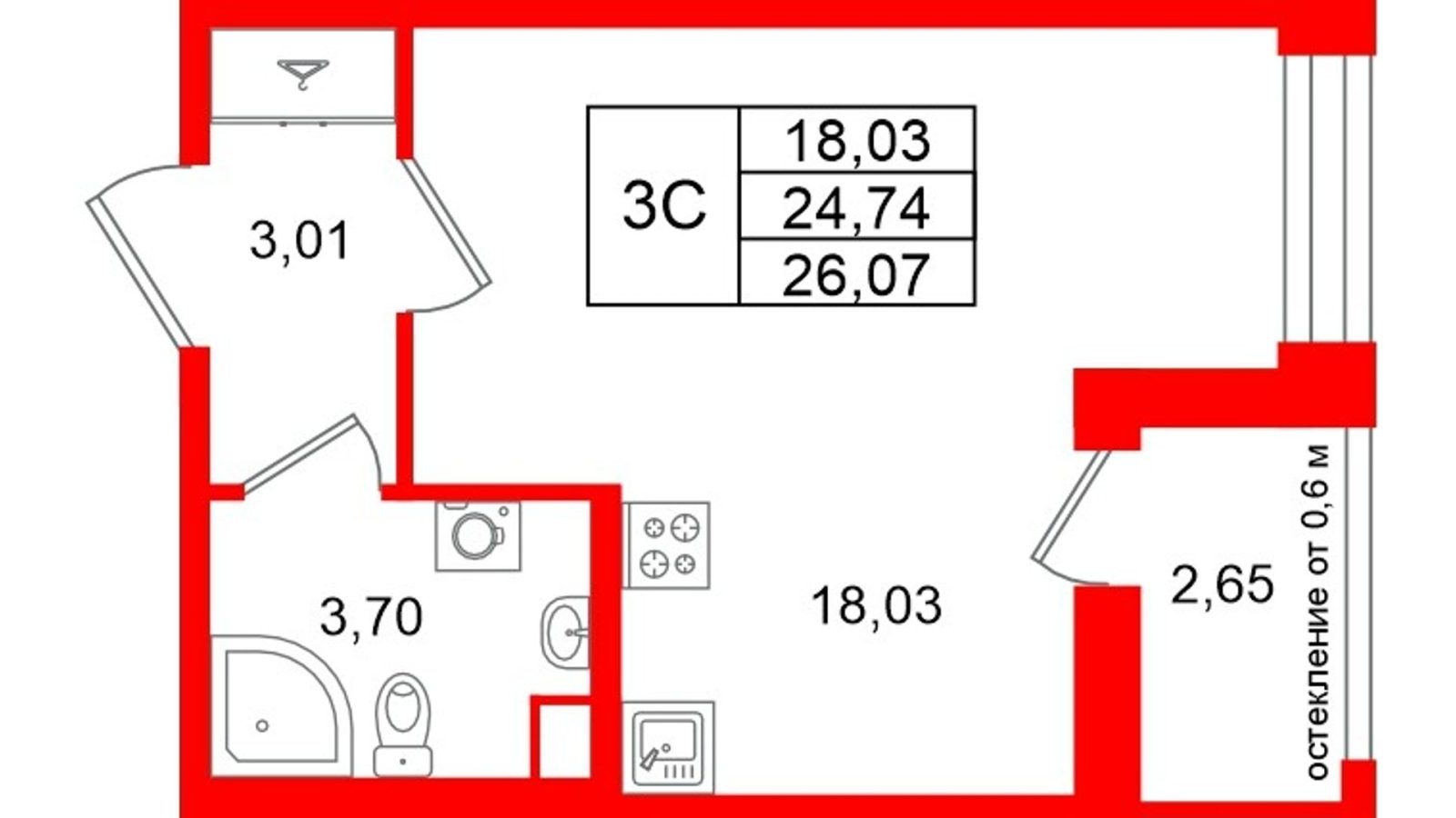 Планировка: студия, 24,7 м²