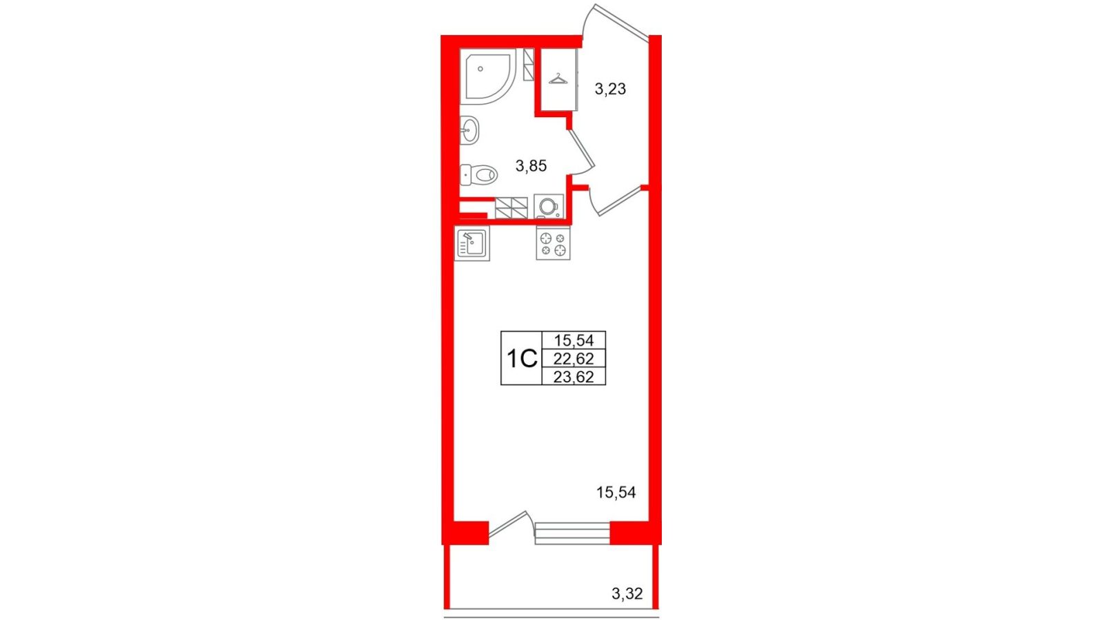 Планировка: студия, 22,6 м²