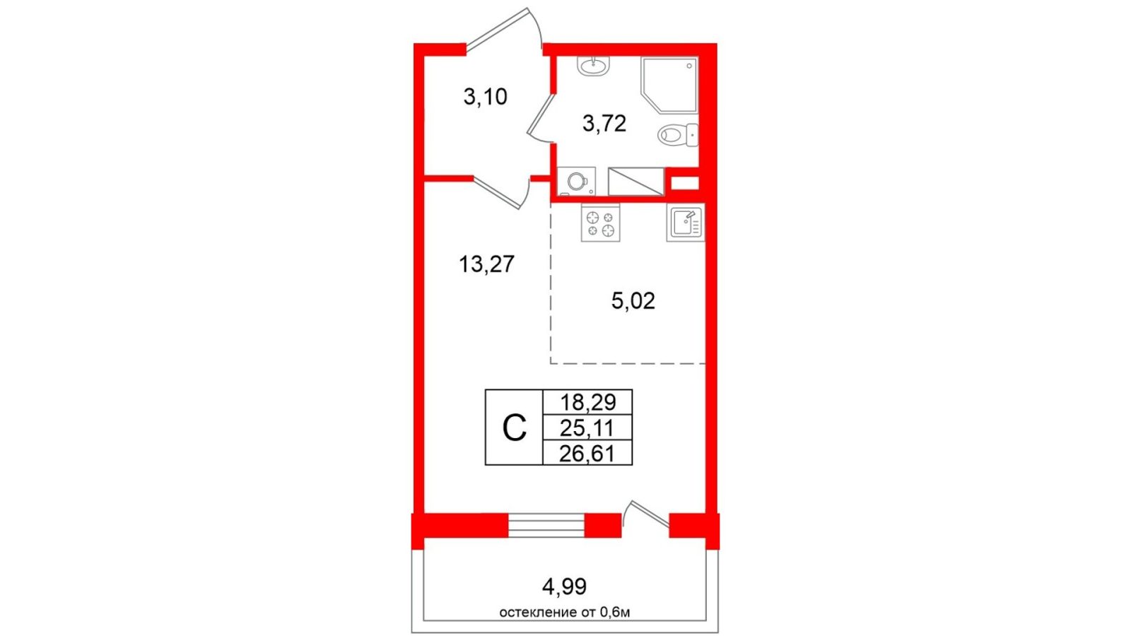 Планировка: студия, 25,1 м²