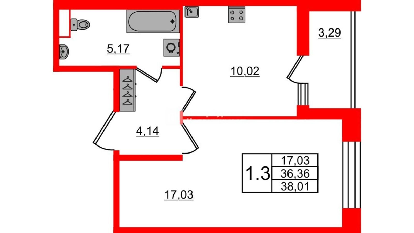 Планировка: 1-комнатная квартира, 36,4 м²
