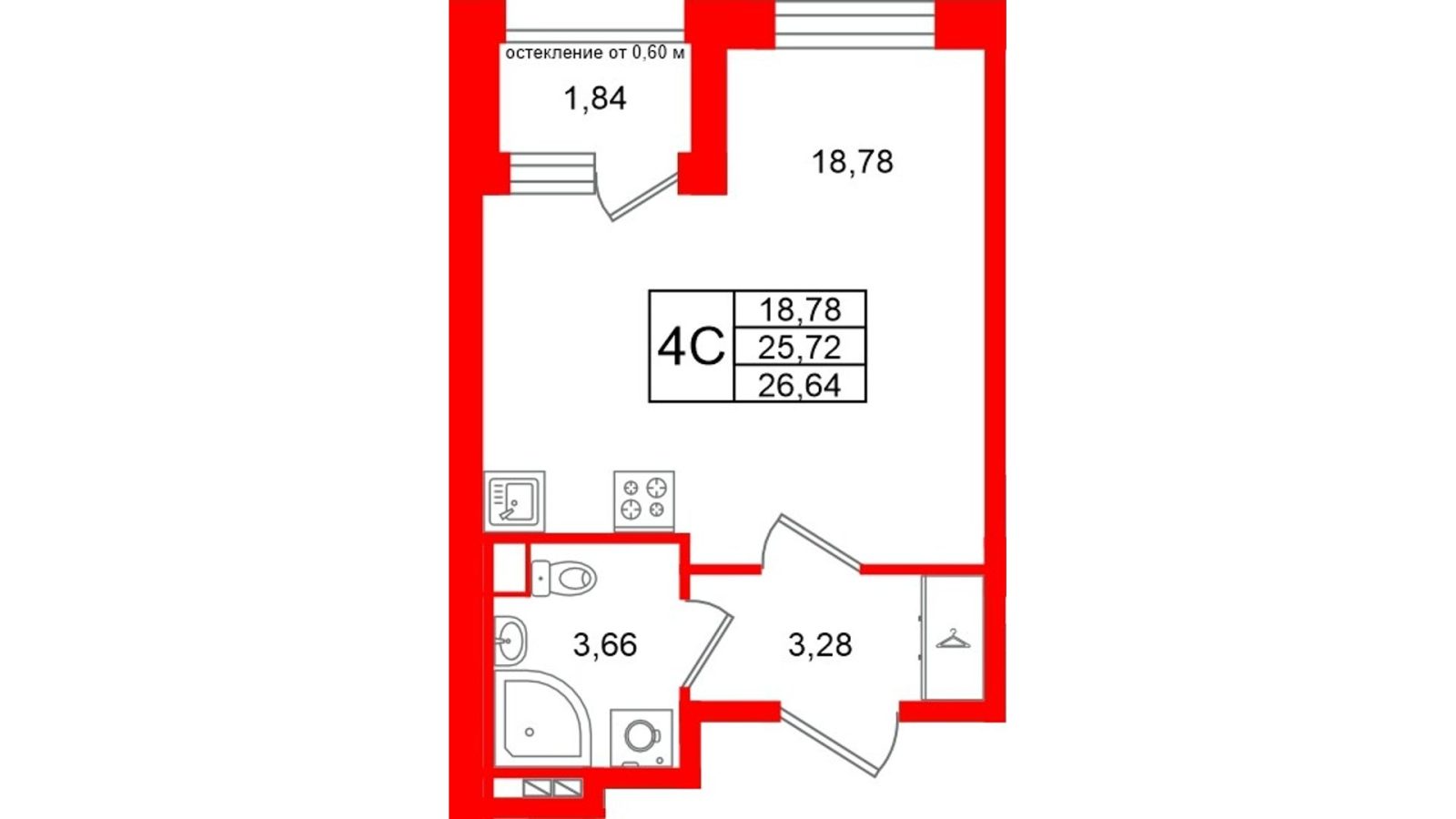 Планировка: студия, 25,7 м²