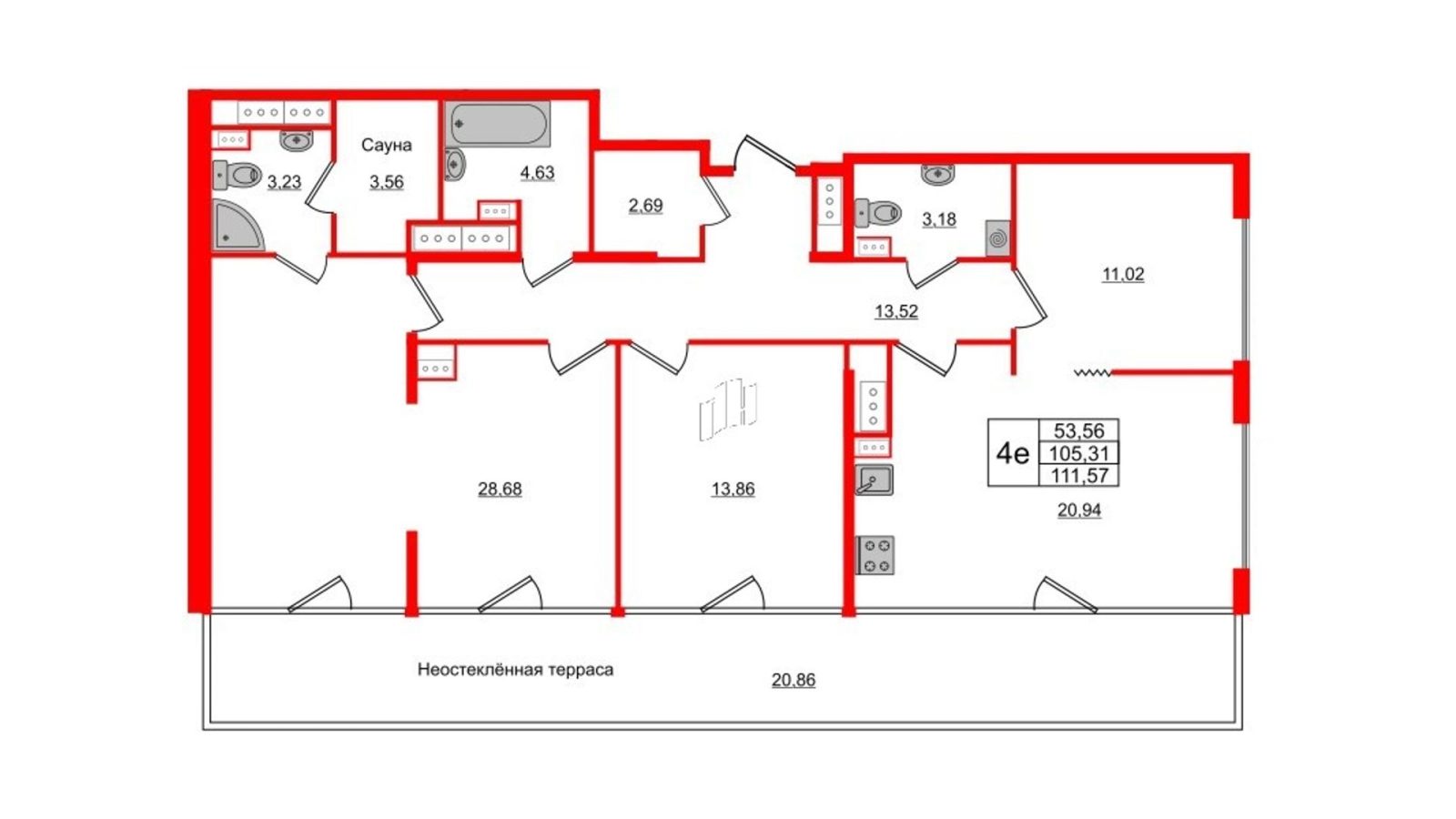 Планировка: 3-комнатная квартира, 102,7 м²
