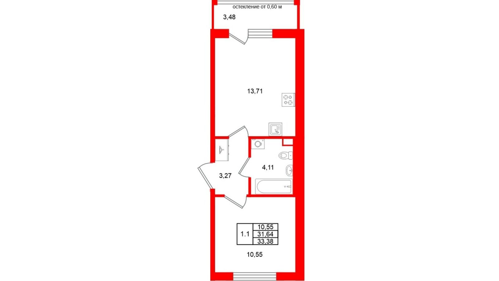Планировка: 1-комнатная квартира, 31,6 м²