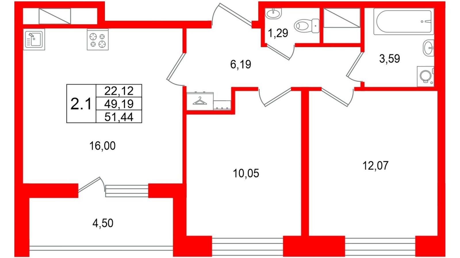Планировка: 2-комнатная квартира, 49,2 м²