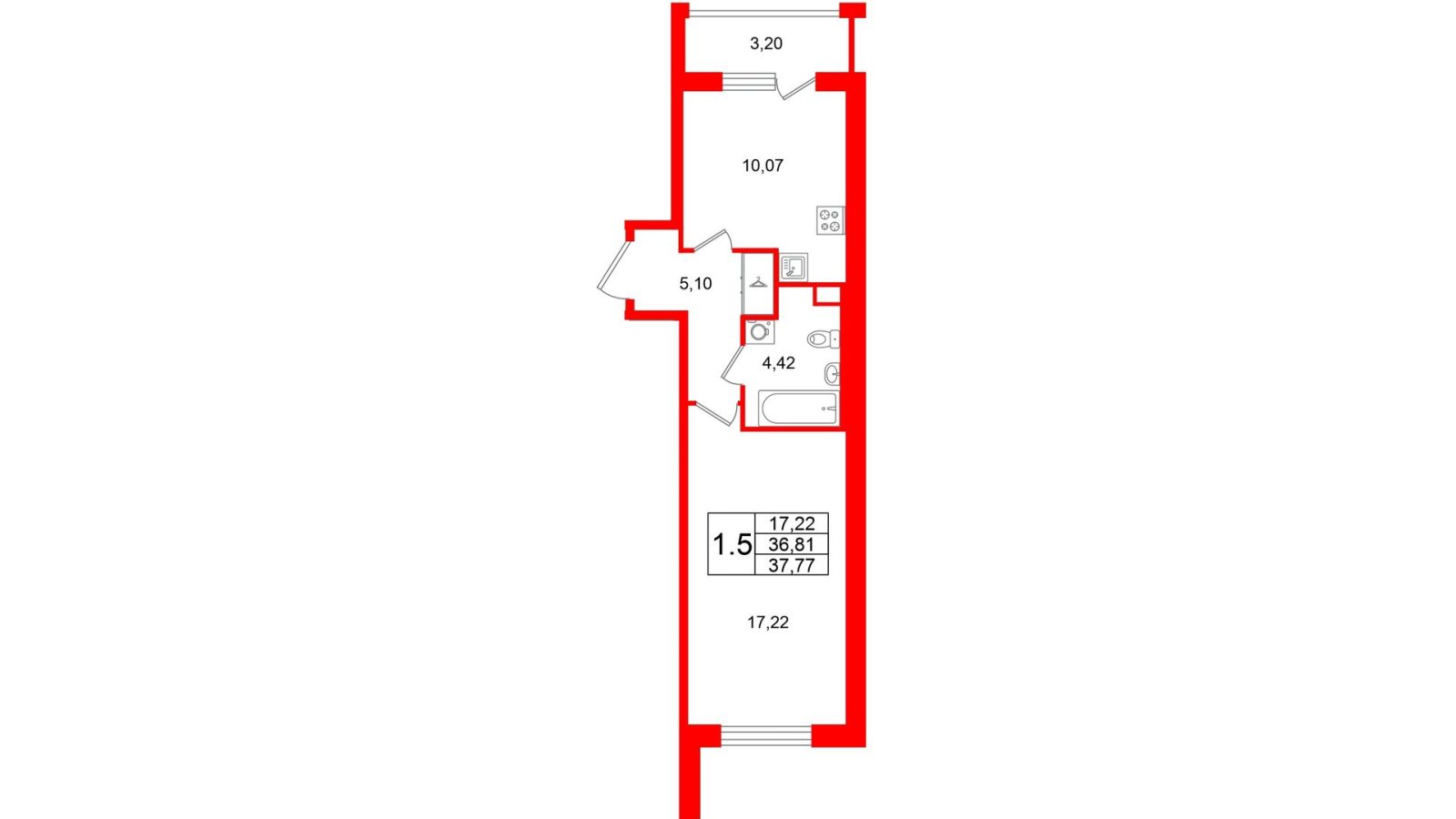Планировка: 1-комнатная квартира, 36,8 м²