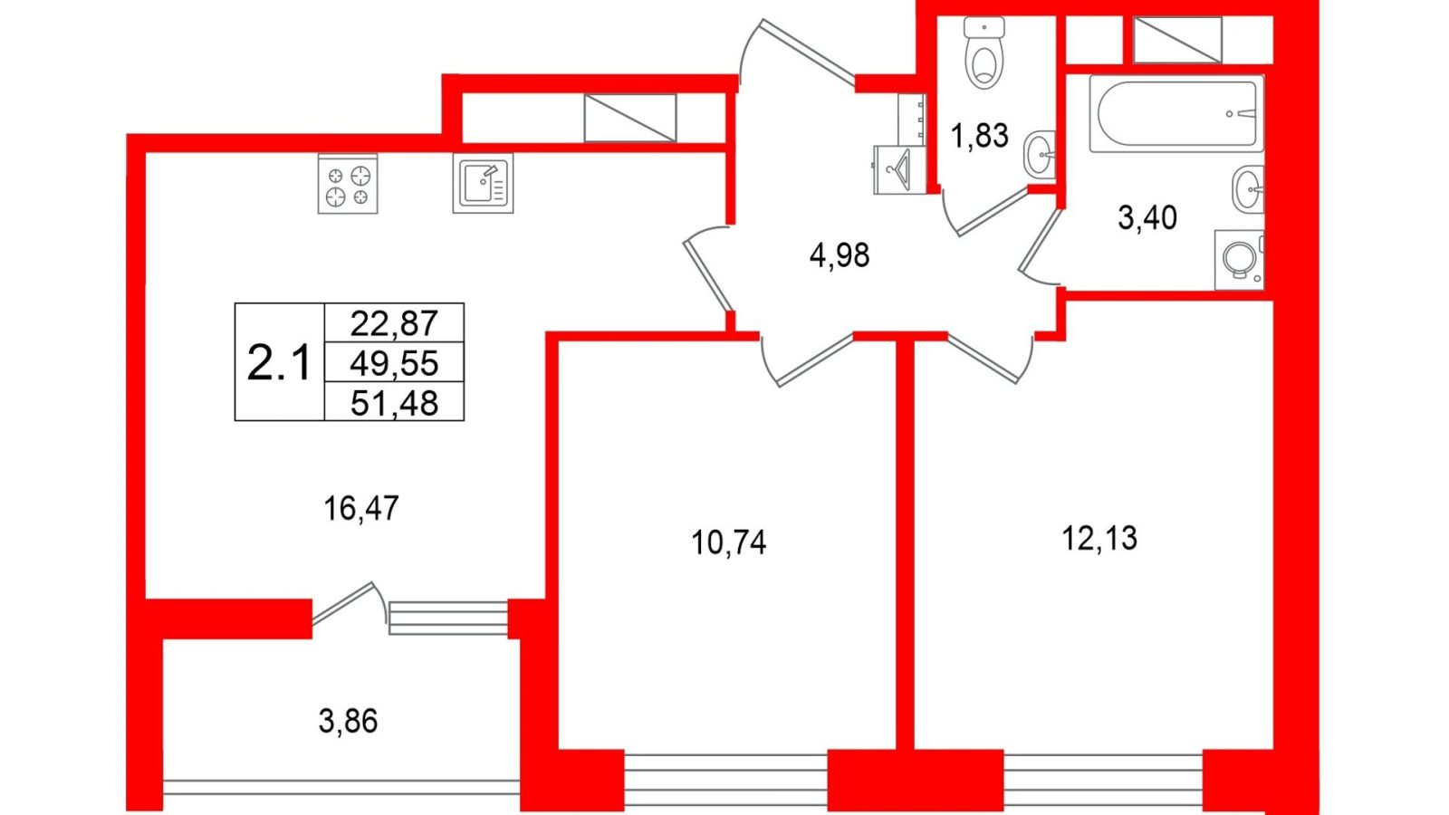 Планировка: 2-комнатная квартира, 49,6 м²