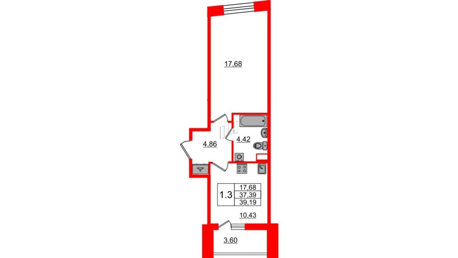 Планировка: 1-комнатная квартира, 37,4 м²