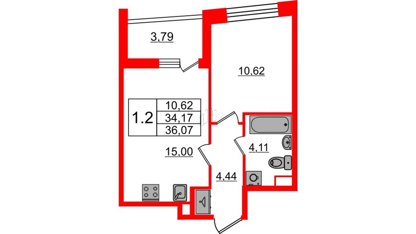 Планировка: 1-комнатная квартира, 34,2 м²