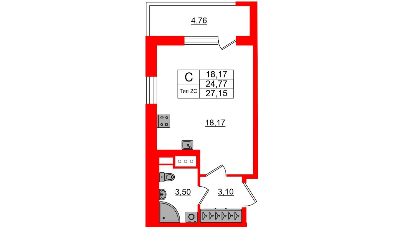 Планировка: студия, 24,8 м²