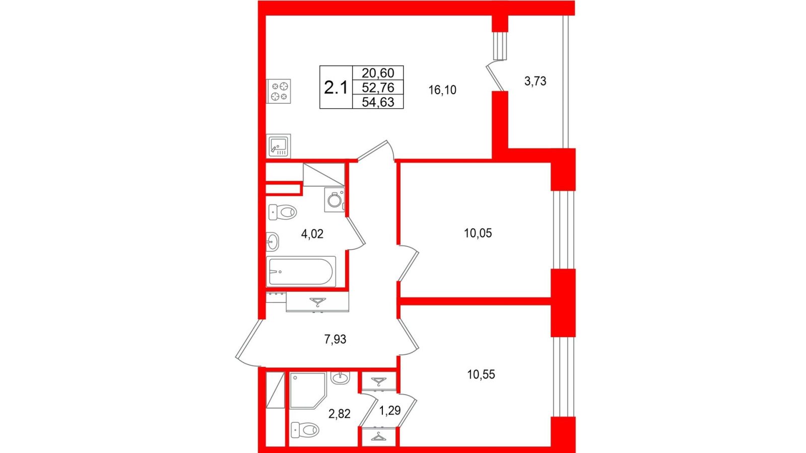 Планировка: 2-комнатная квартира, 52,8 м²