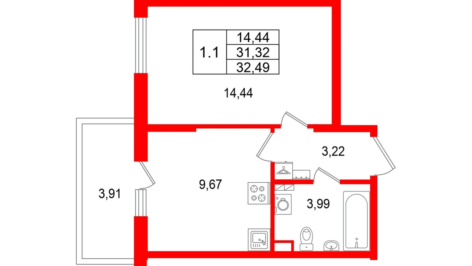 Планировка: 1-комнатная квартира, 31,3 м²