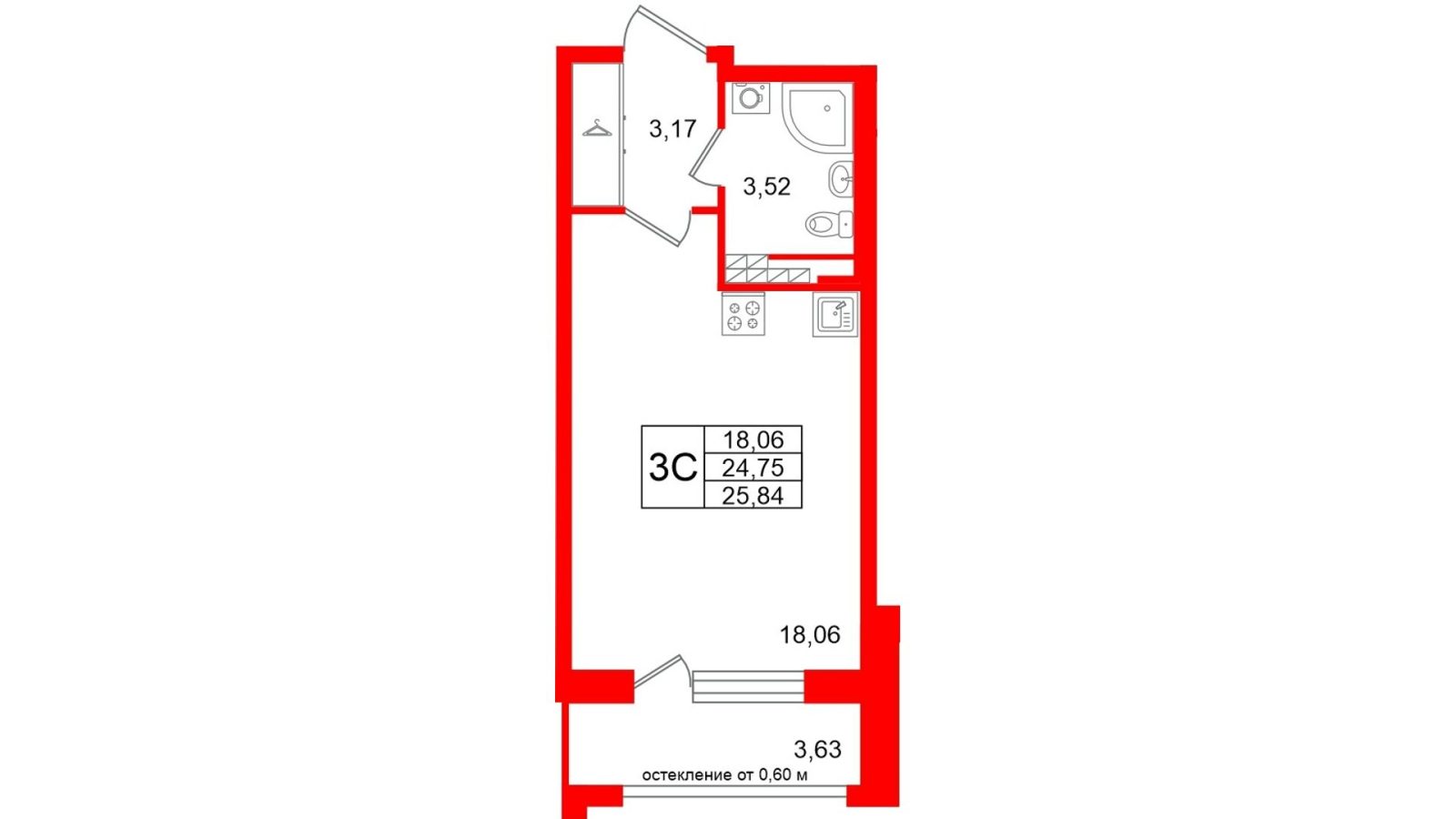 Планировка: студия, 24,8 м²
