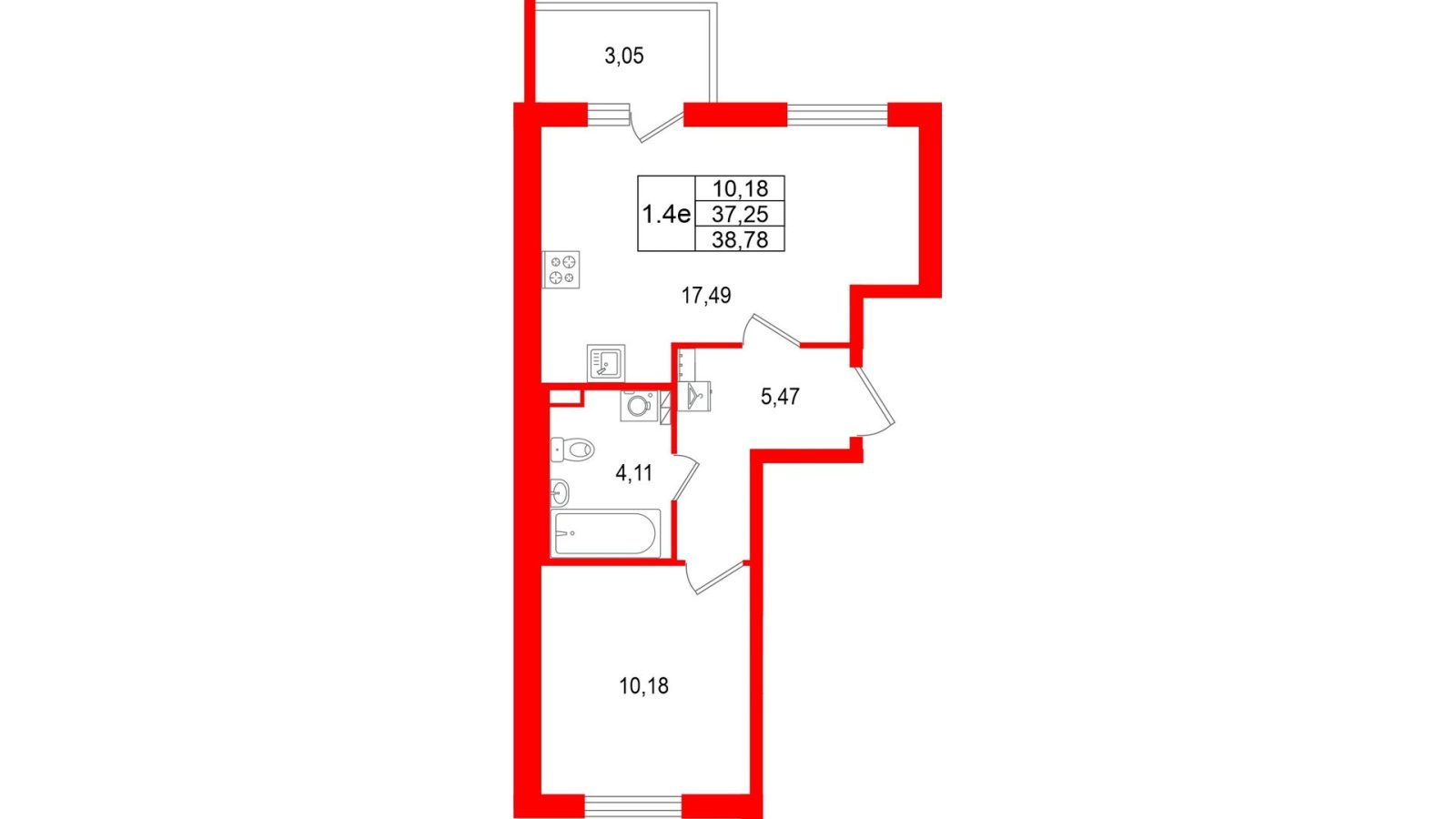 Планировка: 1-комнатная квартира, 37,3 м²