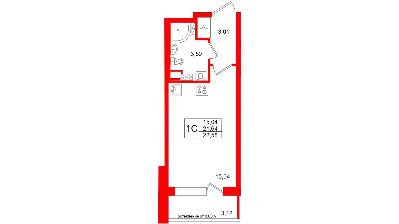 Планировка: студия, 21,6 м²