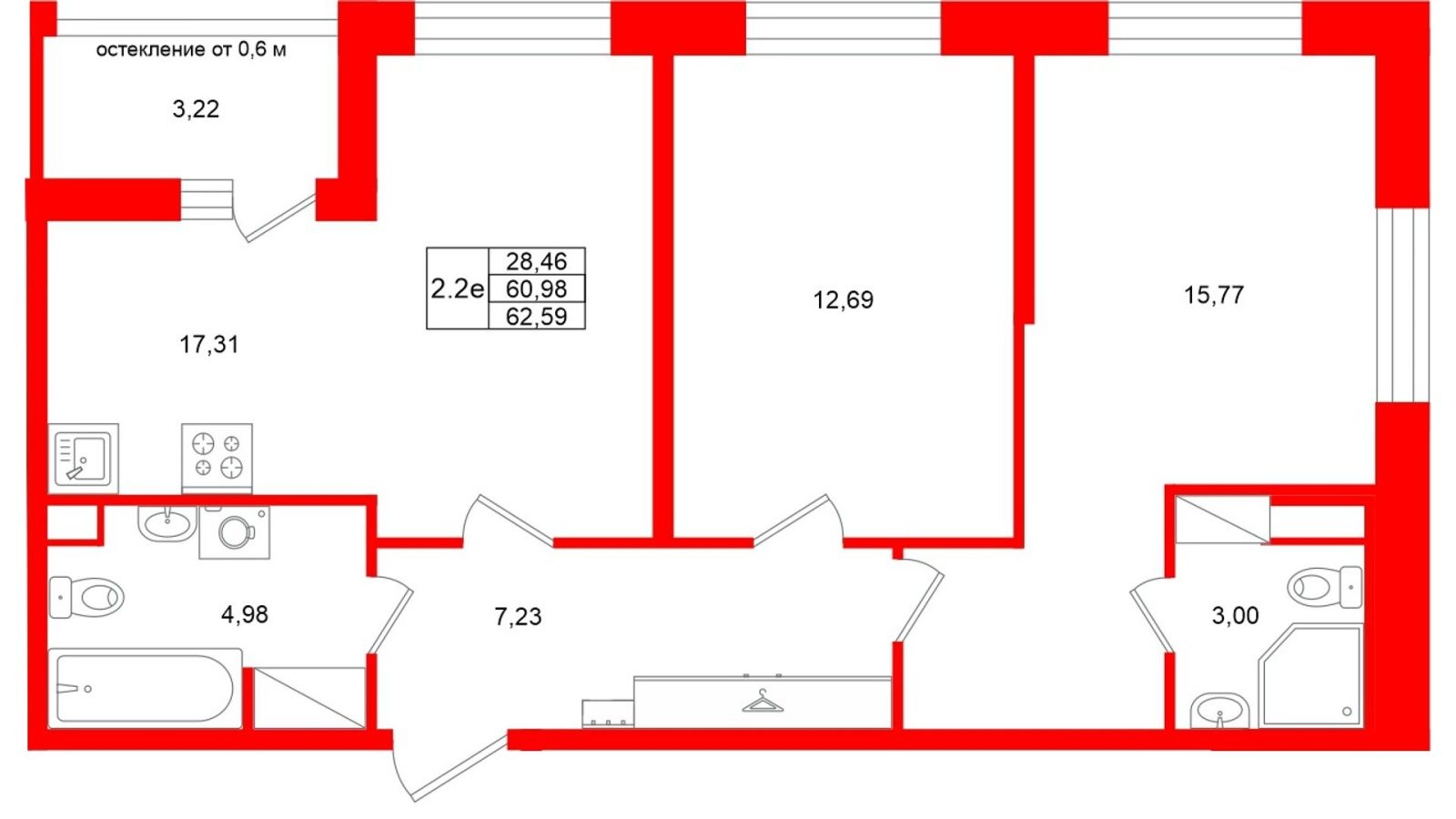 Планировка: 2-комнатная квартира, 61,0 м²