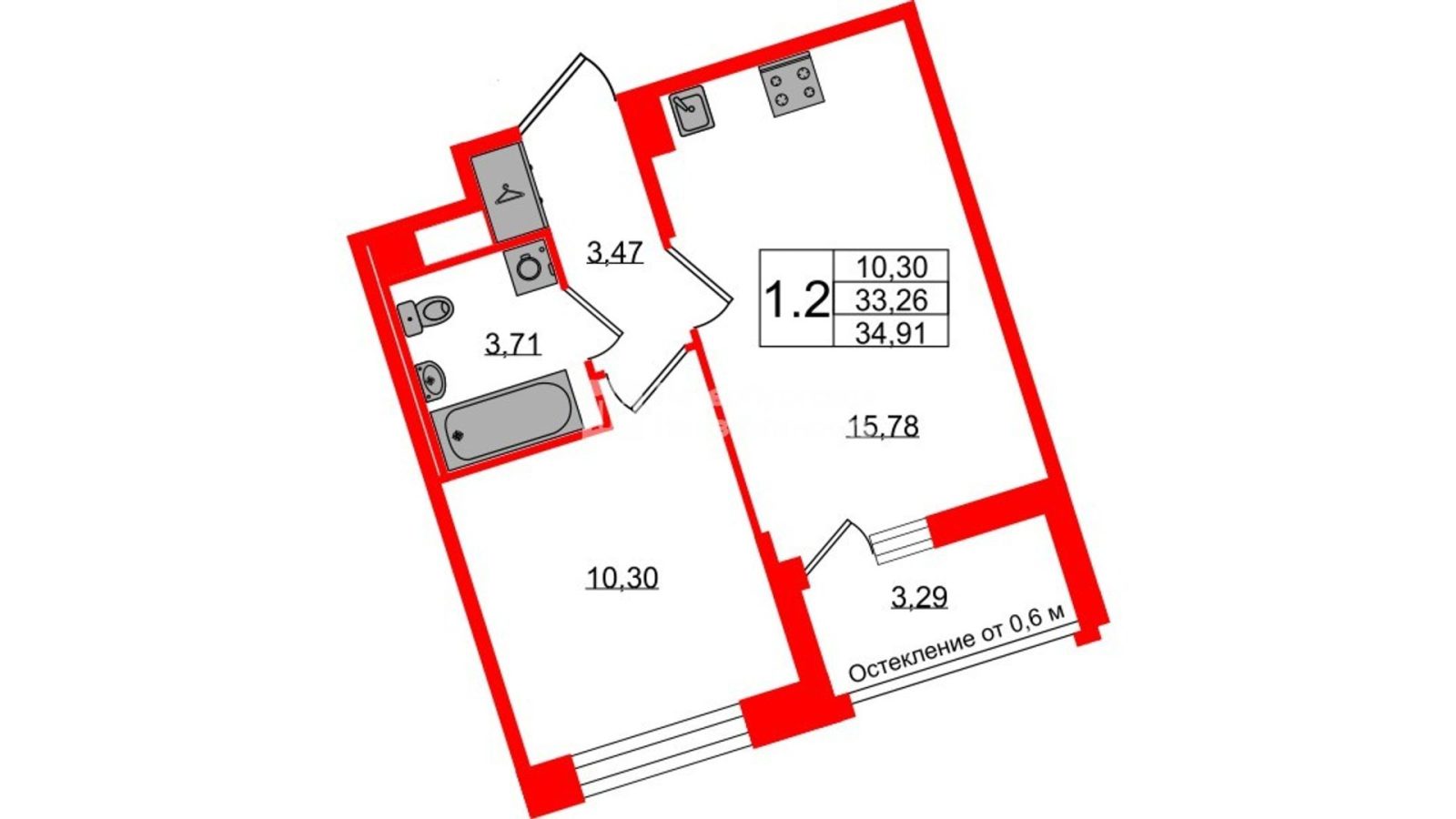 Планировка: 1-комнатная квартира, 33,3 м²
