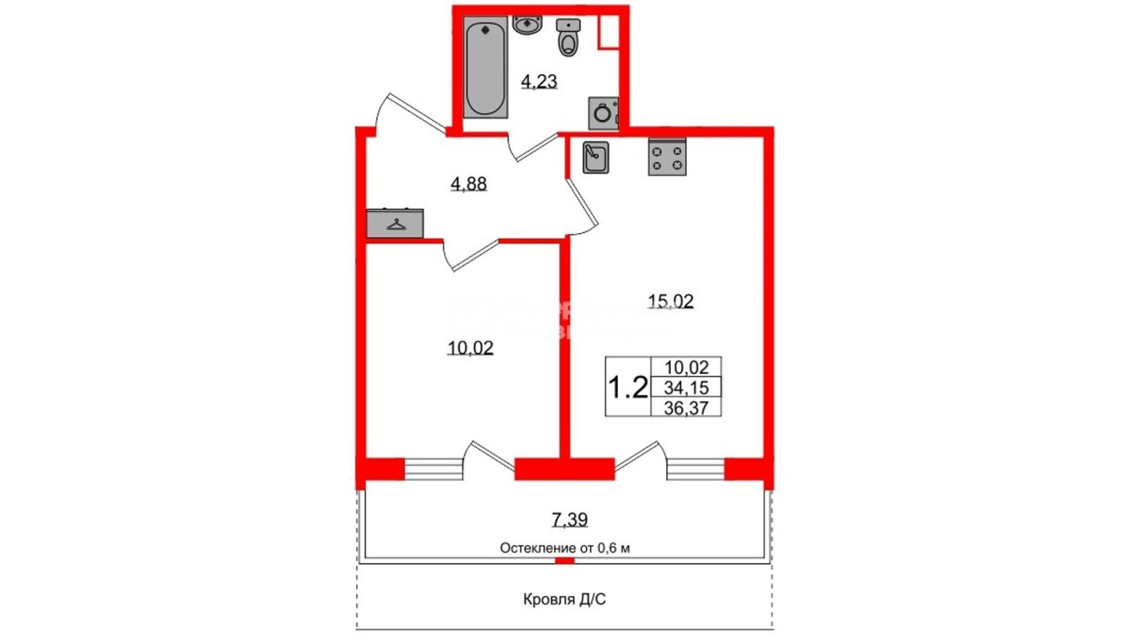 Планировка: 1-комнатная квартира, 34,2 м²