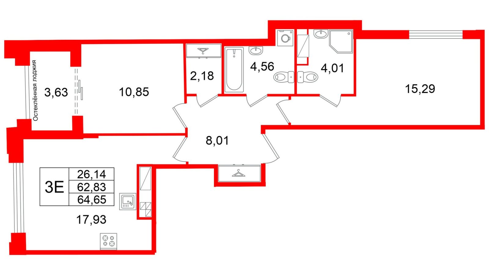 Планировка: 2-комнатная квартира, 62,8 м²