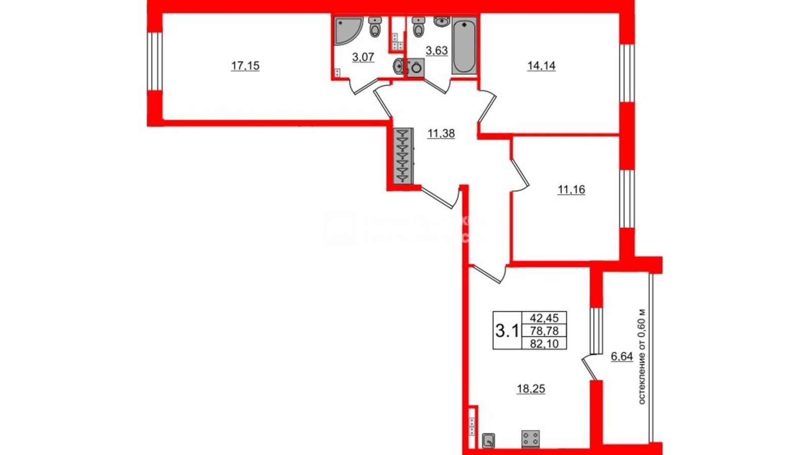 Планировка: 3-комнатная квартира, 78,8 м²