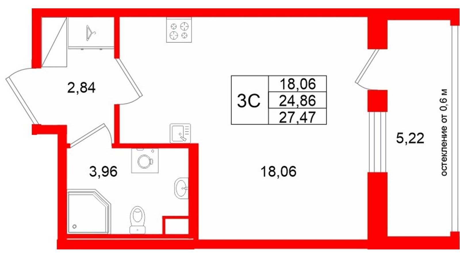Планировка: студия, 24,9 м²