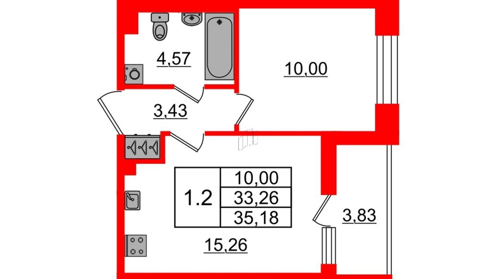 Планировка: 1-комнатная квартира, 33,3 м²