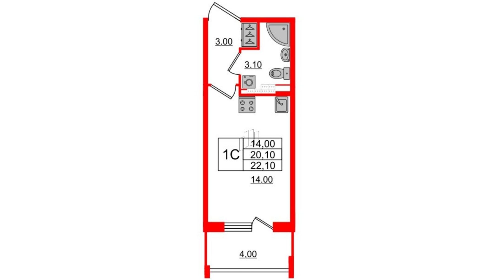 Планировка: студия, 20,1 м²