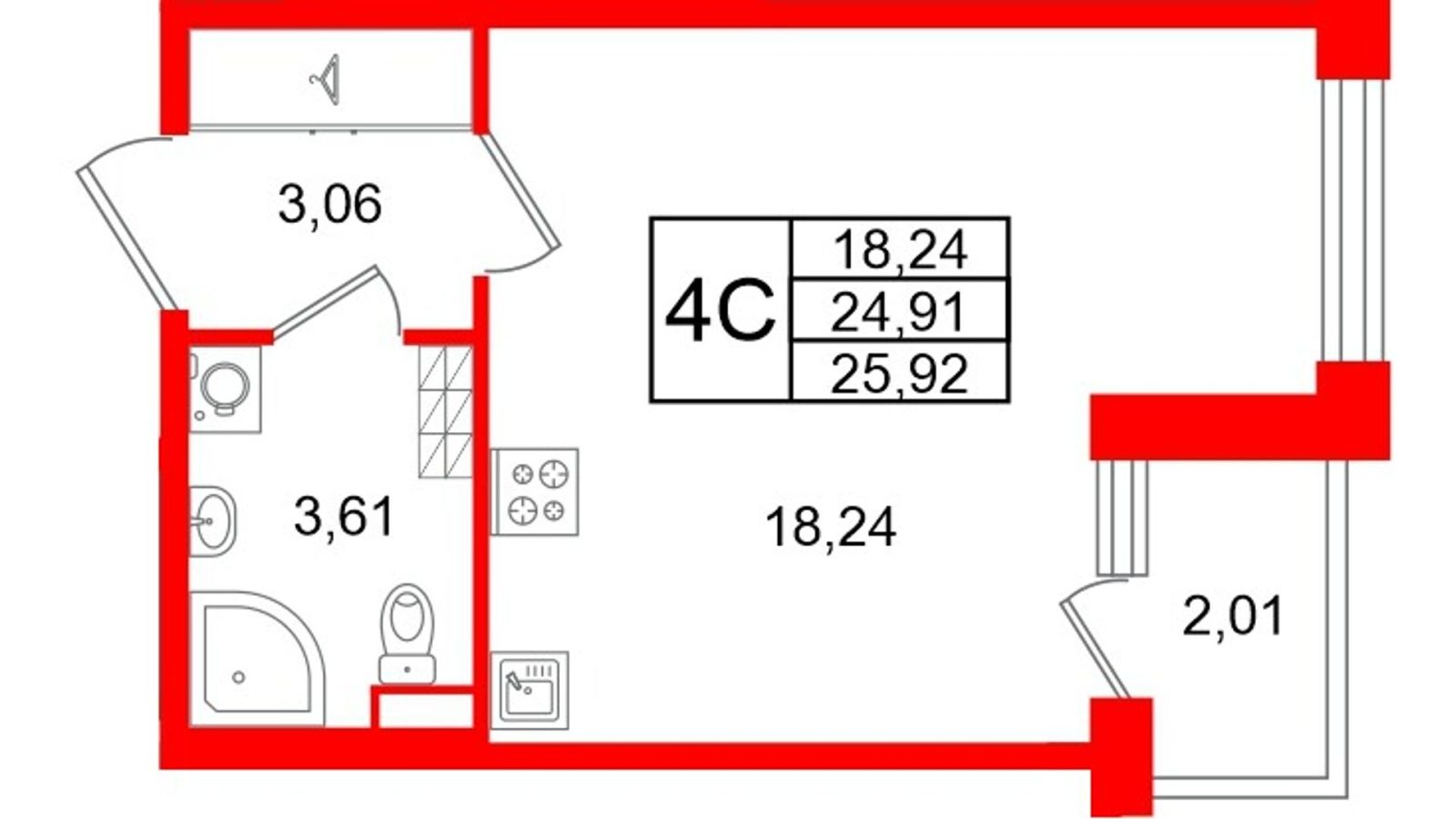 Планировка: студия, 24,9 м²