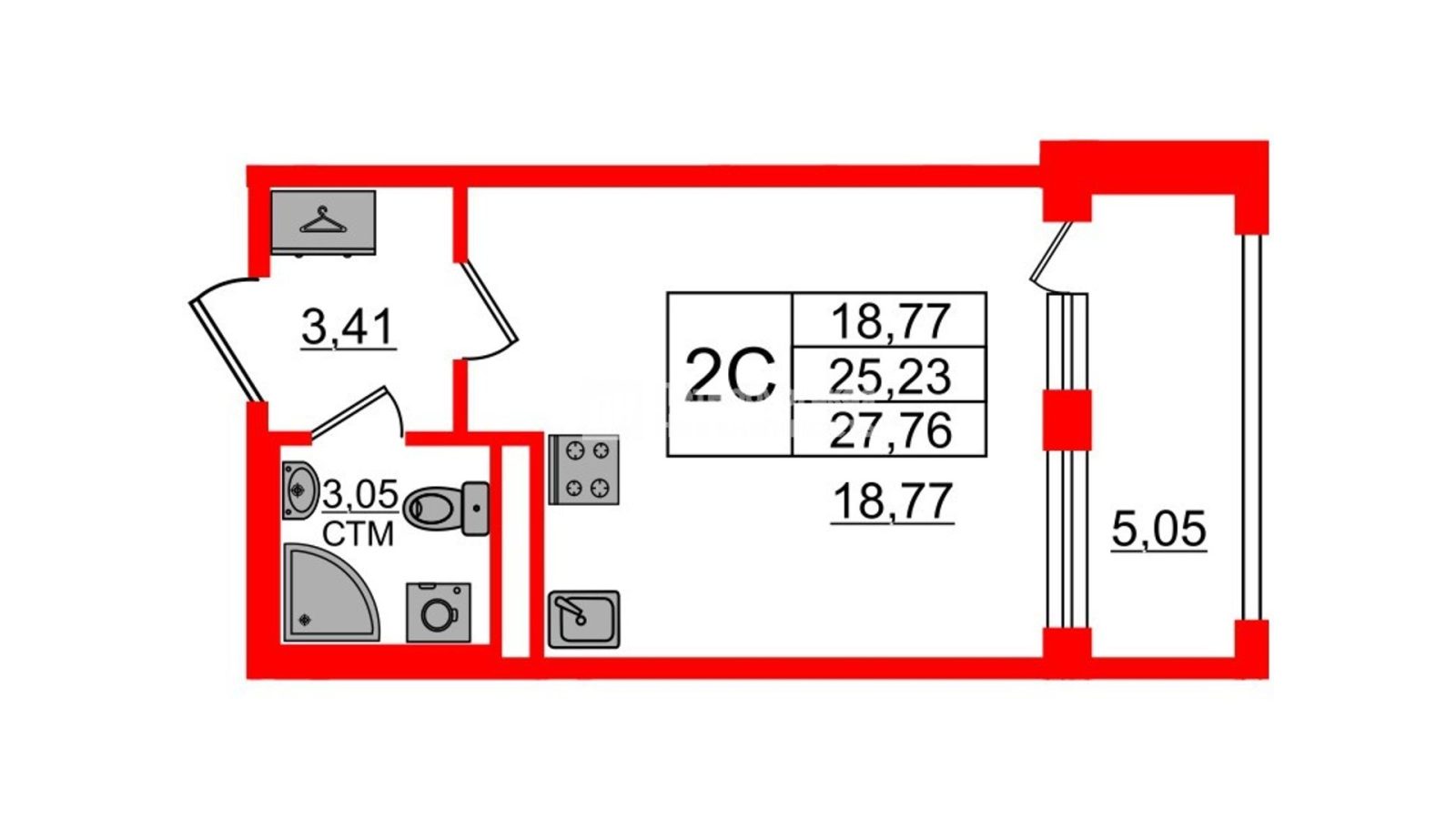 Планировка: студия, 24,8 м²
