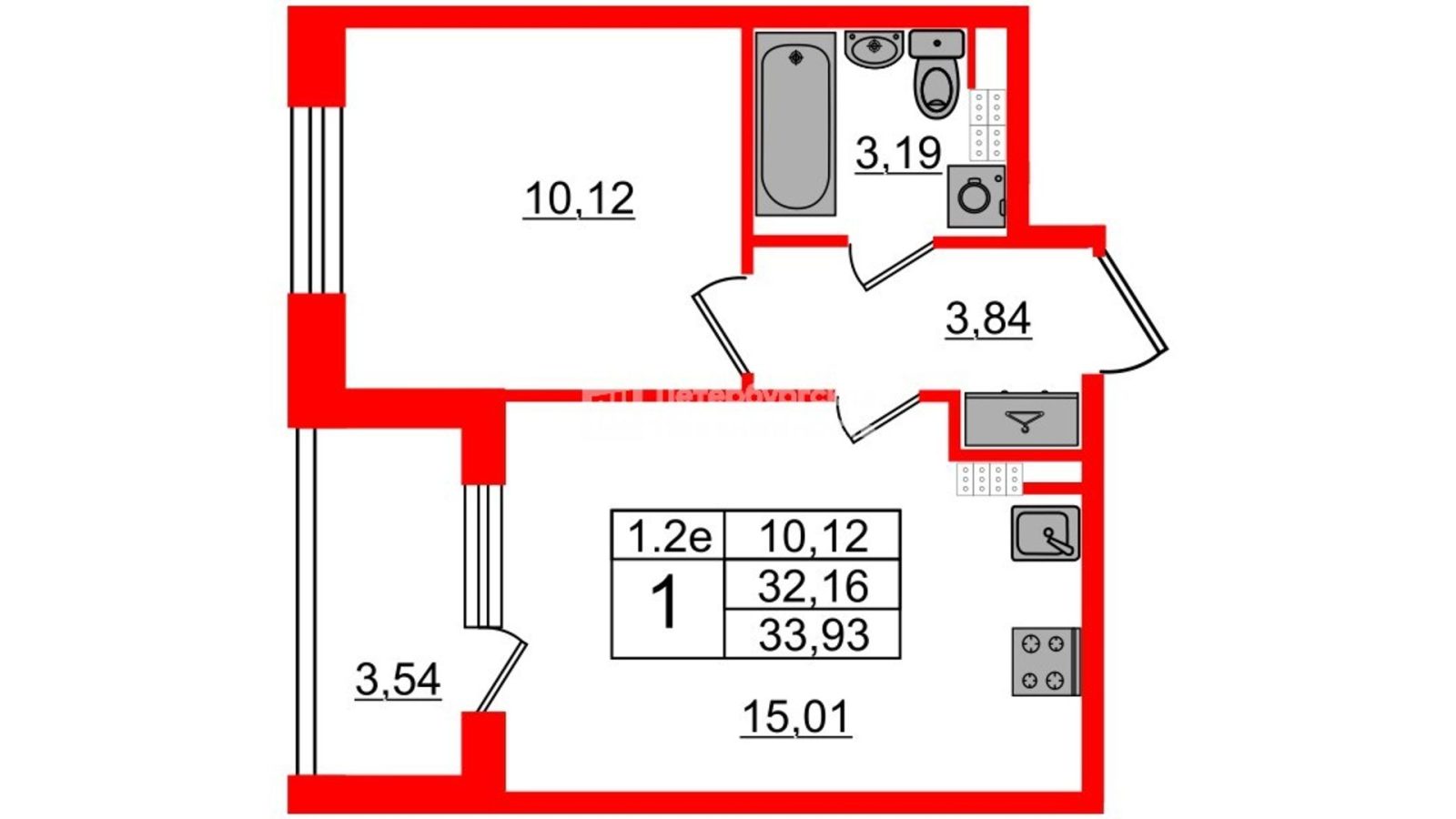 Планировка: 1-комнатная квартира, 31,7 м²