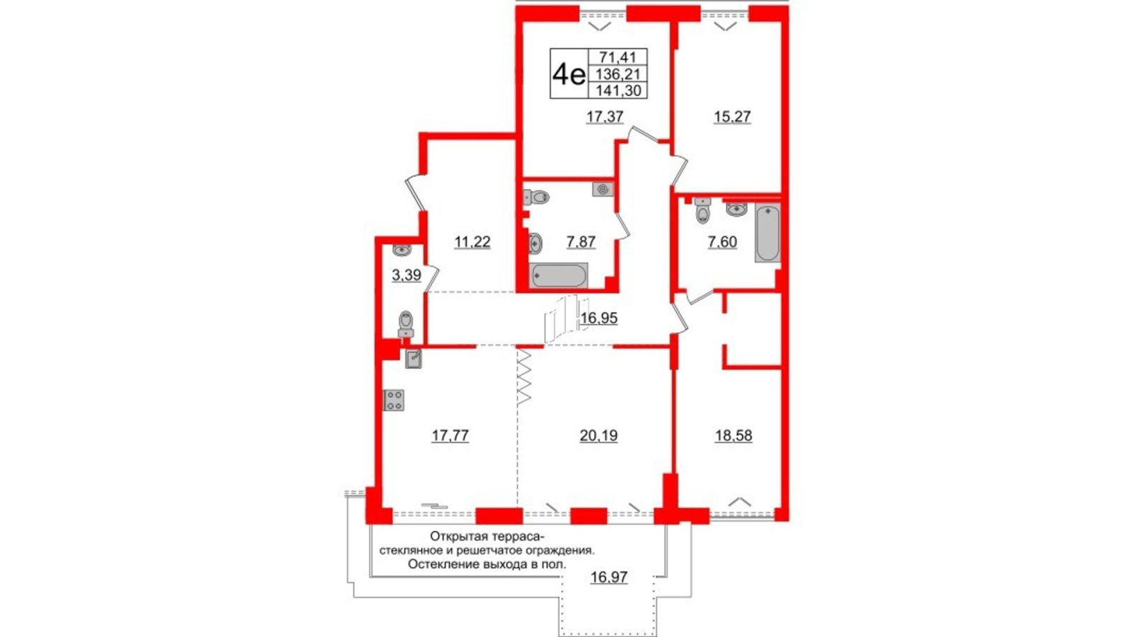 Планировка: 3-комнатная квартира, 136,2 м²