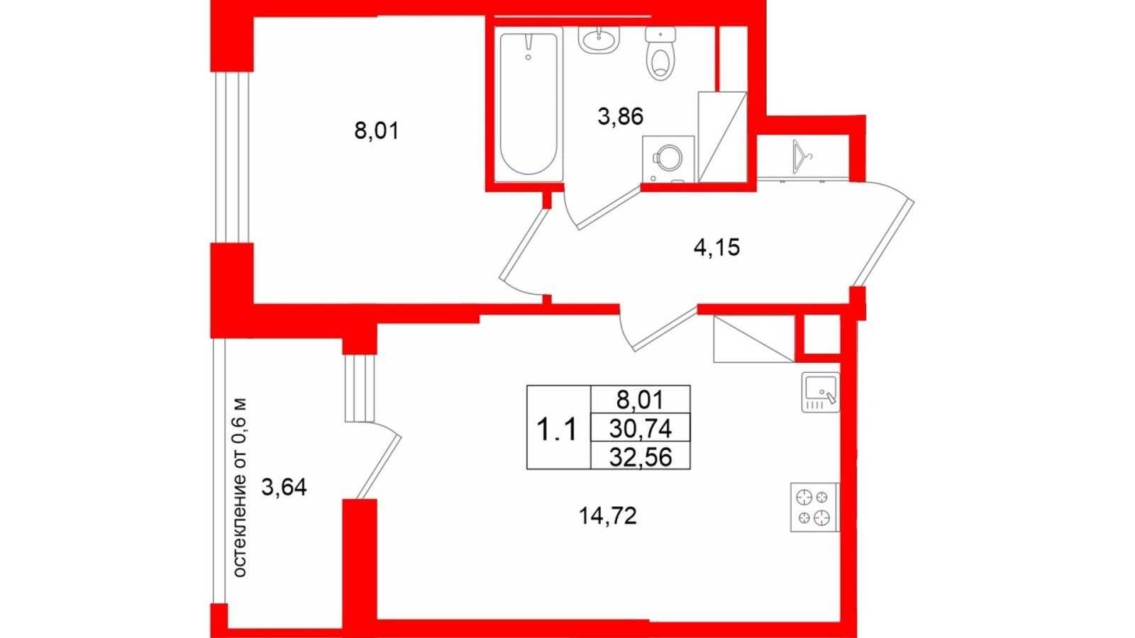 Планировка: 1-комнатная квартира, 30,7 м²