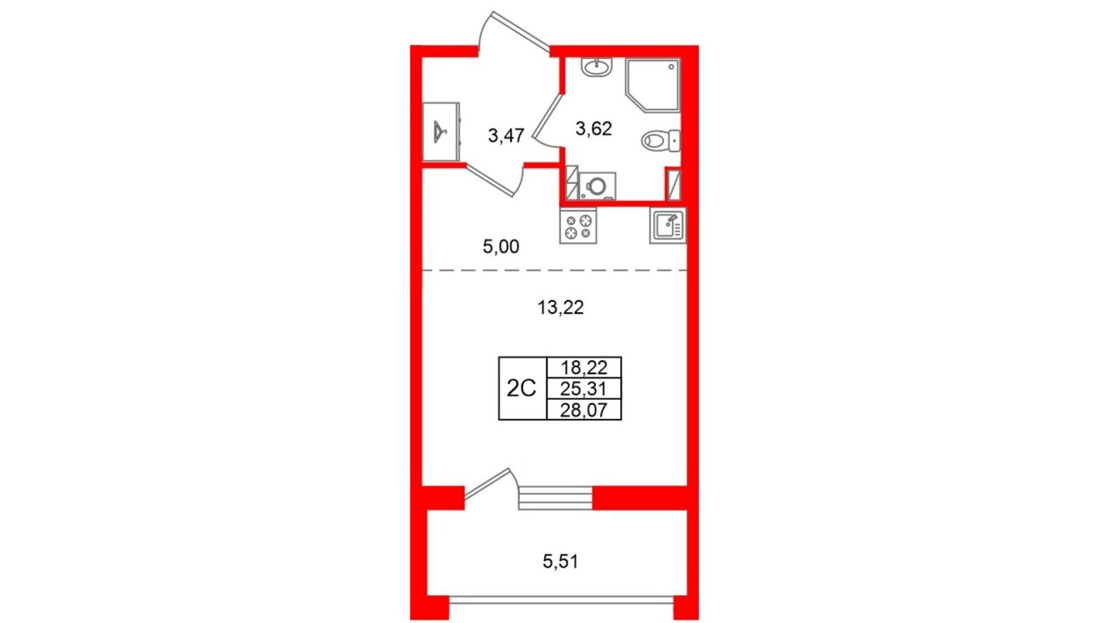 Планировка: студия, 25,3 м²