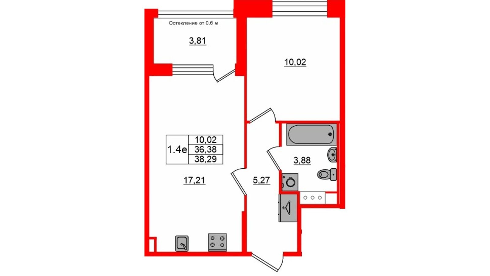 Планировка: 1-комнатная квартира, 36,4 м²