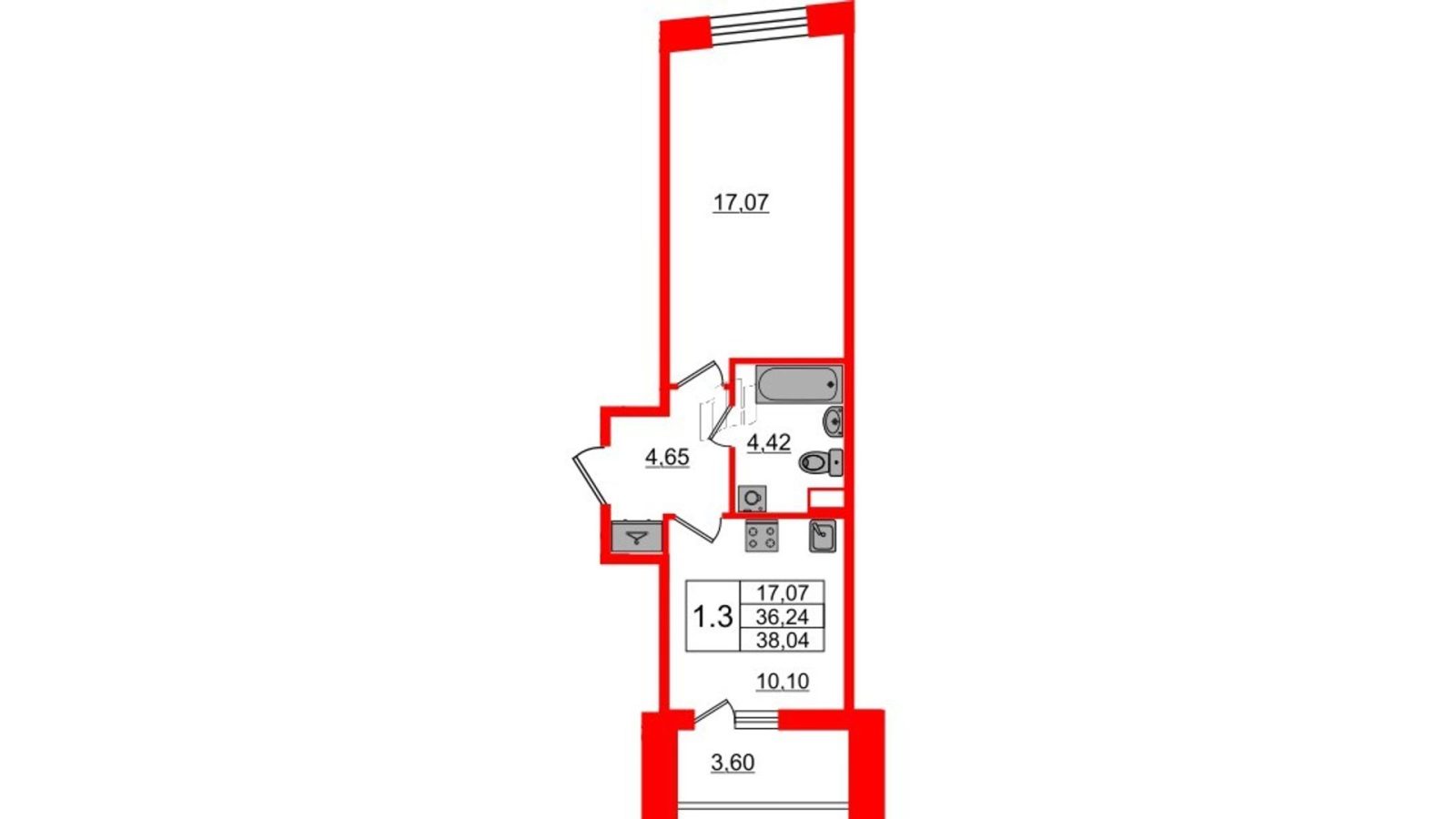 Планировка: 1-комнатная квартира, 36,2 м²
