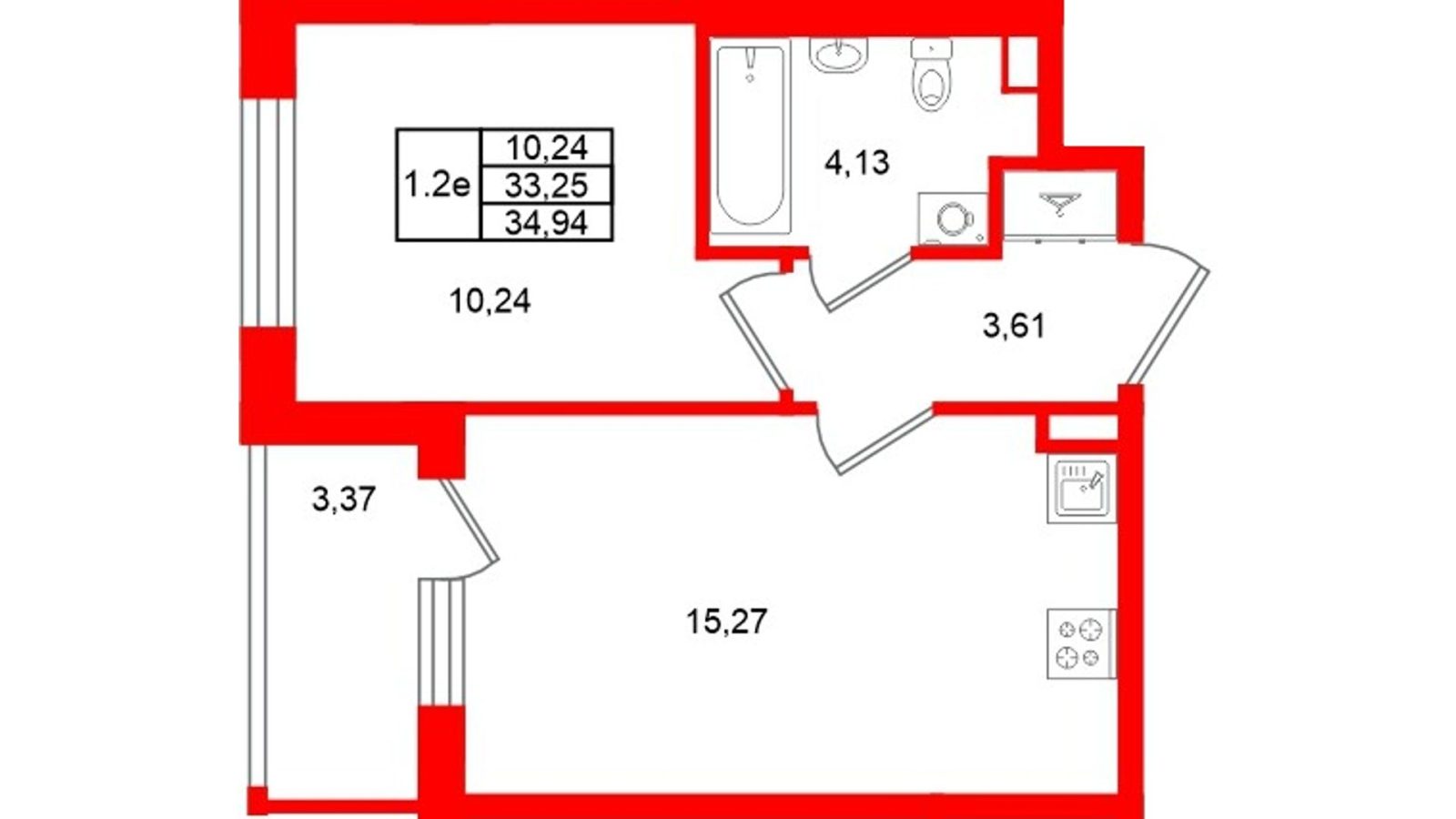 Планировка: 1-комнатная квартира, 33,3 м²