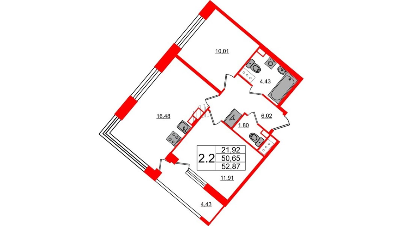 Планировка: 2-комнатная квартира, 50,7 м²