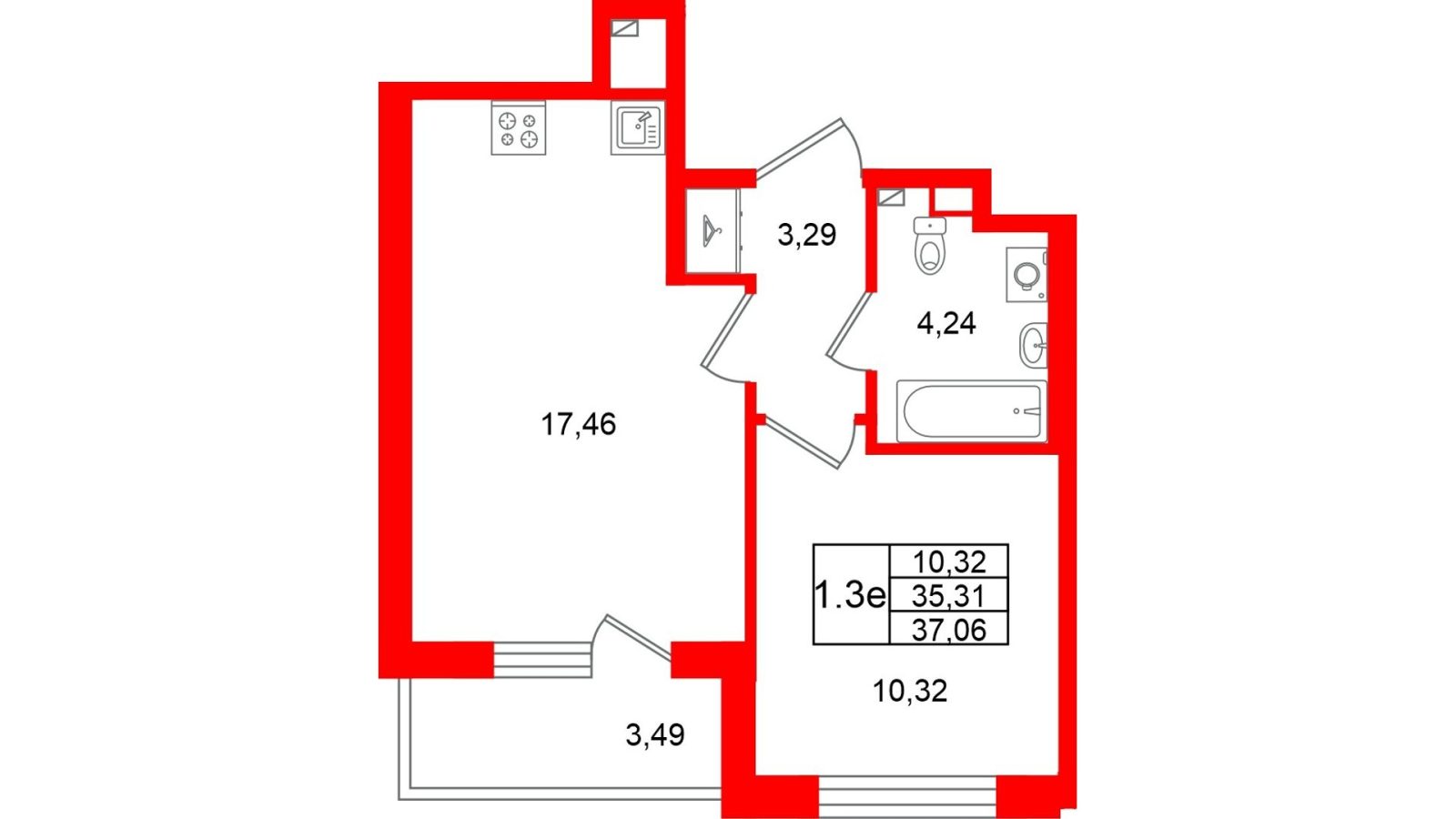 Планировка: 1-комнатная квартира, 35,3 м²