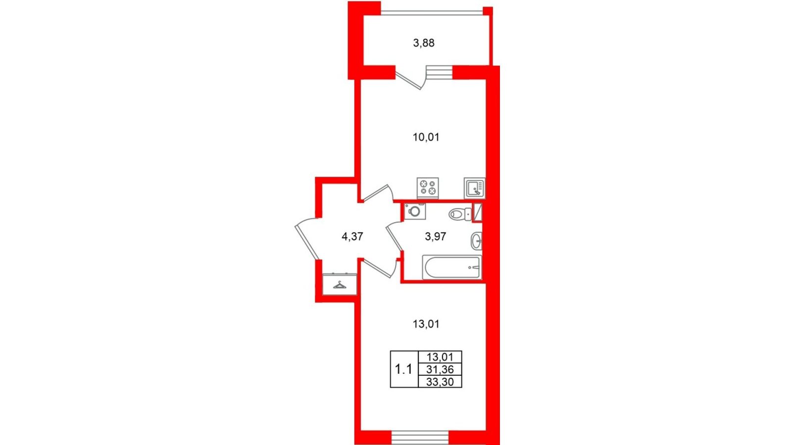 Планировка: 1-комнатная квартира, 31,4 м²