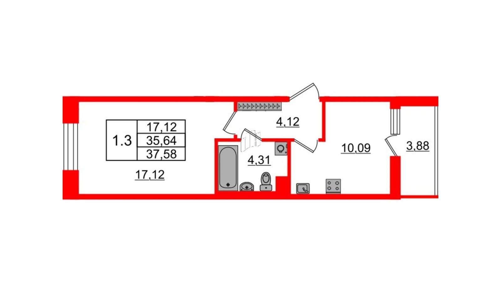Планировка: 1-комнатная квартира, 35,6 м²
