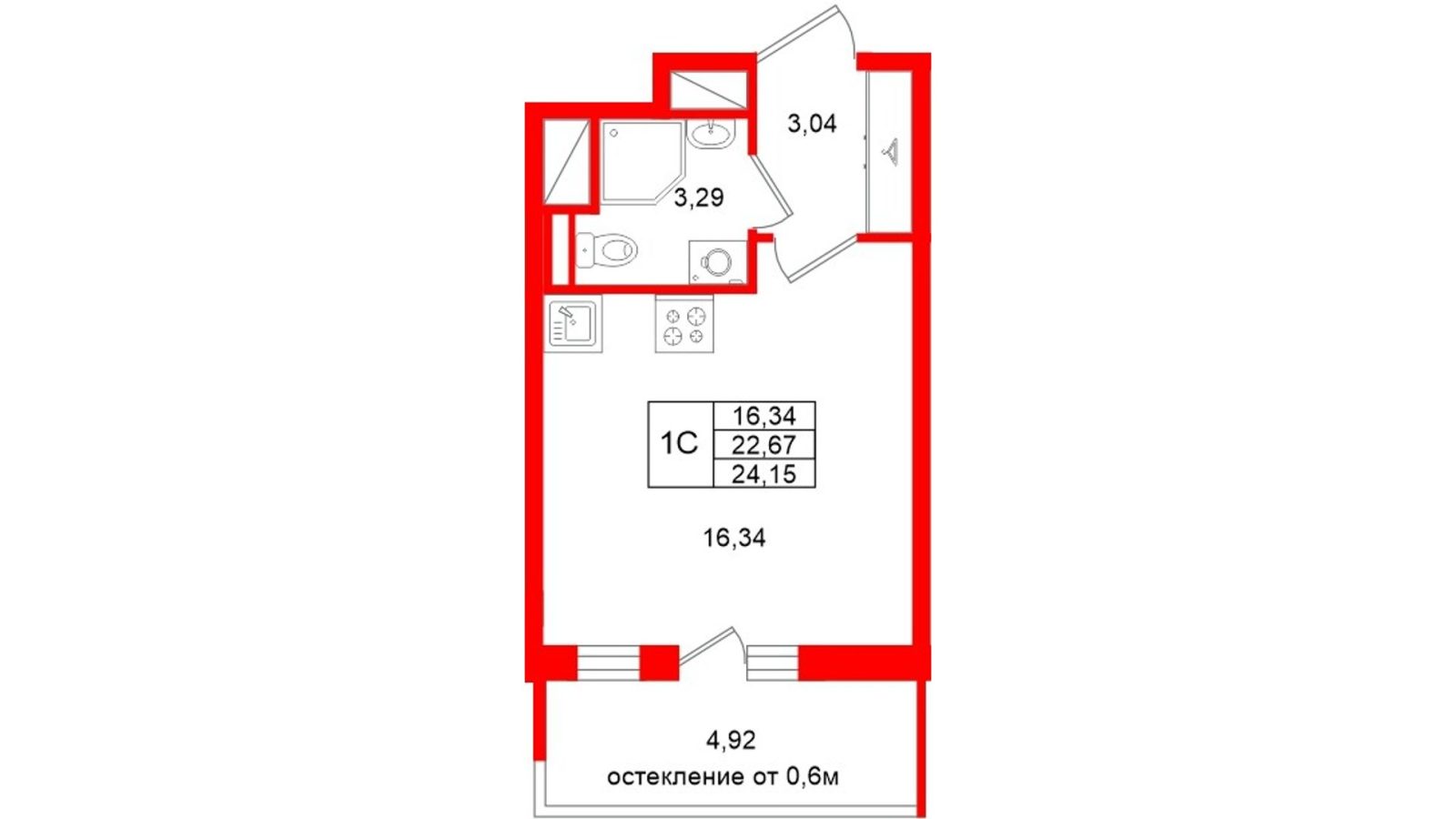 Планировка: студия, 22,7 м²