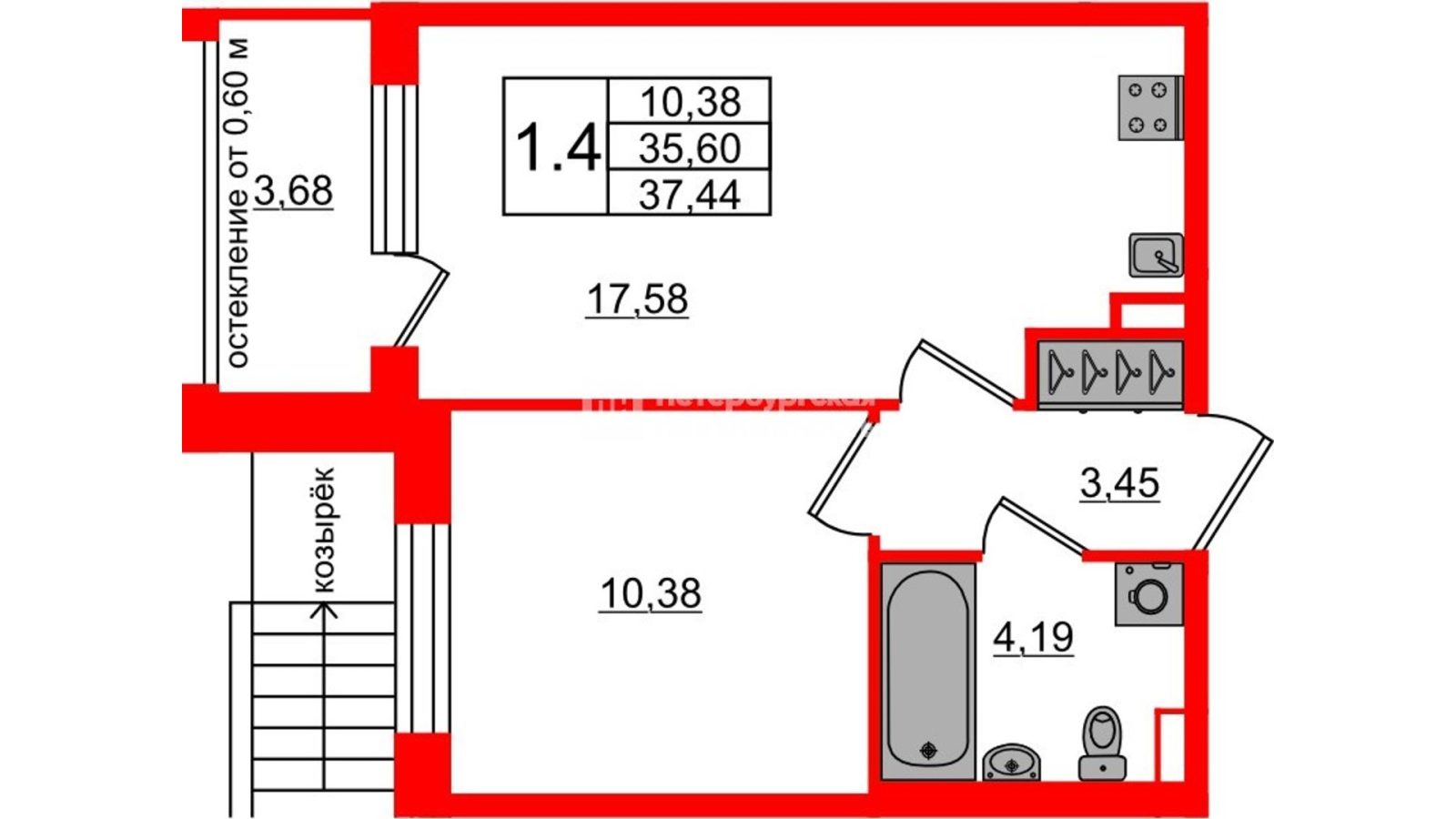 Планировка: 1-комнатная квартира, 35,6 м²