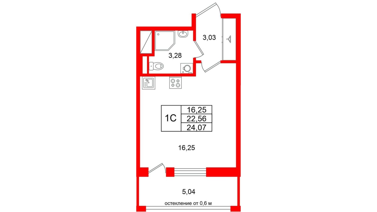 Планировка: студия, 22,6 м²